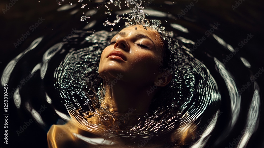 Obraz premium Woman floating in dark water with golden light reflections