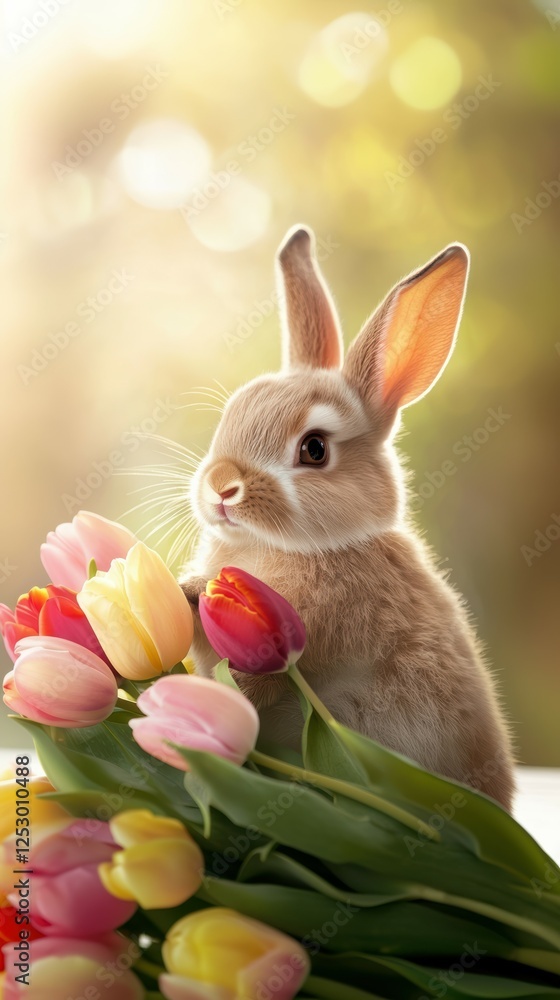 Fototapeta premium An adorable rabbit holds a vibrant tulip bouquet, blending nature's charm with spring's color. The rabbit's upright posture adds a touch of innocence to this delightful floral scene.