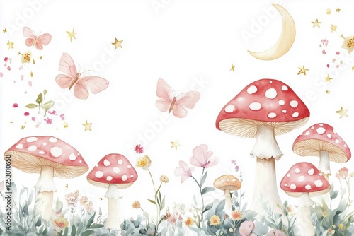 Whimsical watercolor illustration of red toadstool mushrooms, butterflies, and wildflowers.