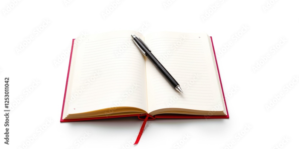 Open Journal and Pen on Plain White Surface Open Journal and Pen on Plain White Surface