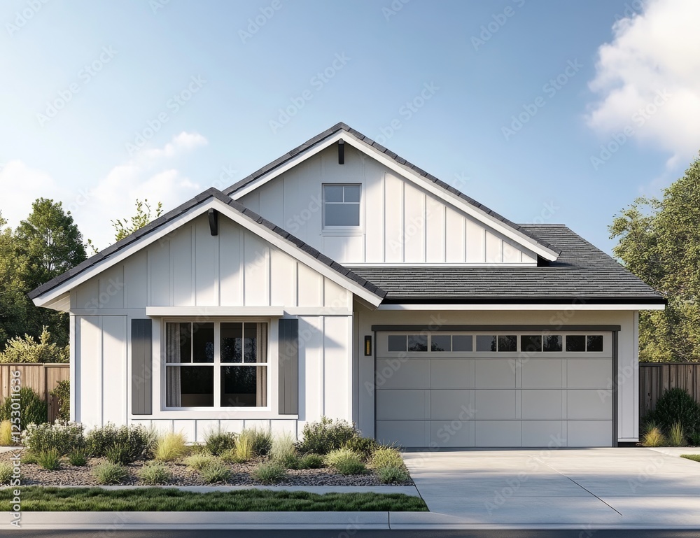 Exterior view of a modern farmhouse style home on a sunny day Exterior view of a modern farmhouse style home on a sunny day