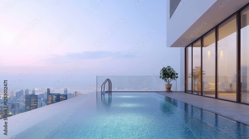 Fototapeta premium A serene rooftop infinity pool overlooking a city skyline at dusk, surrounded by glass walls and a touch of greenery.