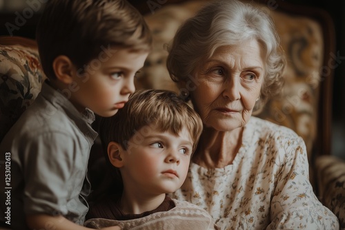 Grandmother enjoys quiet moment with grandchildren in cozy vintage setting during a warm afternoon