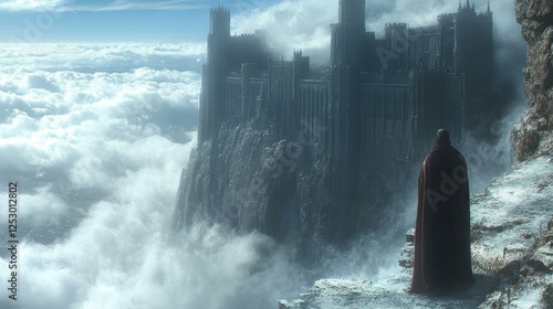 Photos Majestic castle above clouds, lone figure contemplates, fantasy landscape, ideal
