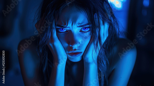 Young woman expresses deep emotional turmoil in a dimly lit room with cold blue light illuminating her distressed face and gripping her head