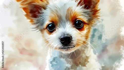 Charming pup with big eyes stands out in vibrant watercolor style surrounded by soft colors and playful brush strokes. Generative AI