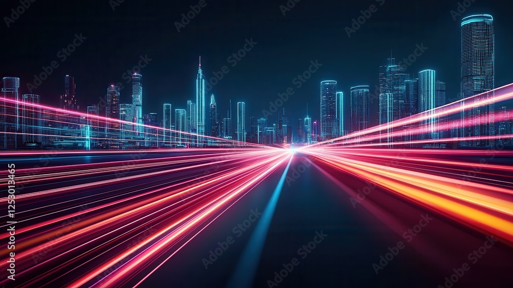 Fototapeta premium A vibrant city skyline at night, illuminated by streaks of colorful lights, conveying a sense of speed and modernity.