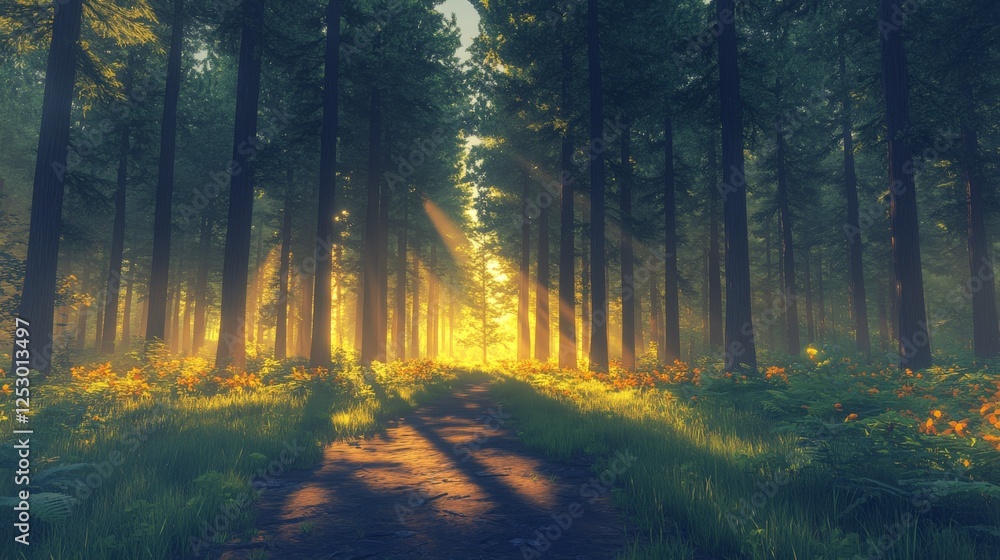 Fototapeta premium Ethereal Pathway, Sunlight Piercing Through a Mystical Forest Landscape
