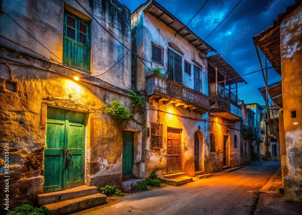 Fototapeta premium Grungy Peeling Paint on Stone Town Zanzibar Wall - Night Photography