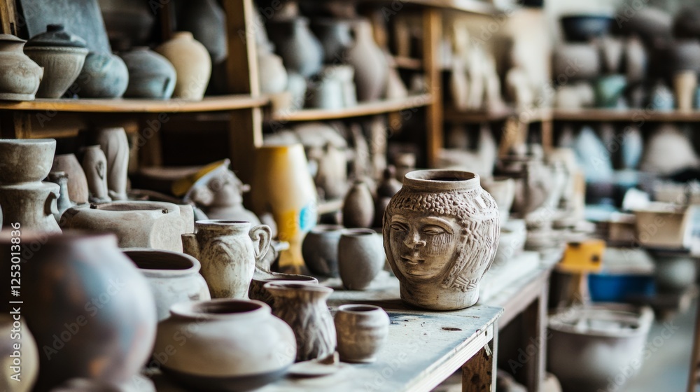 Rustic pottery collection on wooden shelves in a workshop Rustic pottery collection on wooden shelves in a workshop
