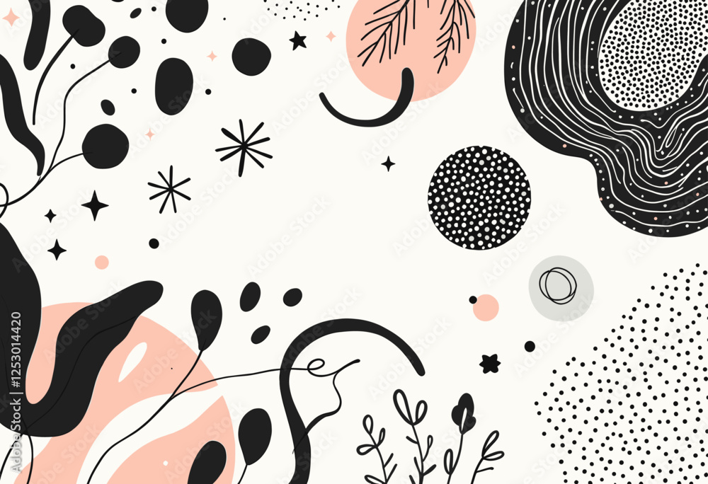 Fototapeta premium Various shapes and designs, including circles, lines, and dots, arranged in a visually appealing manner. Vector patterns, random pattern