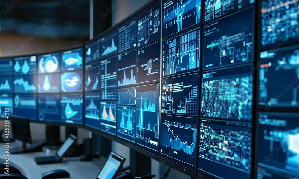 High-tech control room with multiple screens displaying data analytics and visualizations in use High-tech control room with multiple screens displaying data analytics and visualizations in use