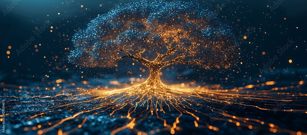 Luminous Tree of Light: Glowing Branches and Root System