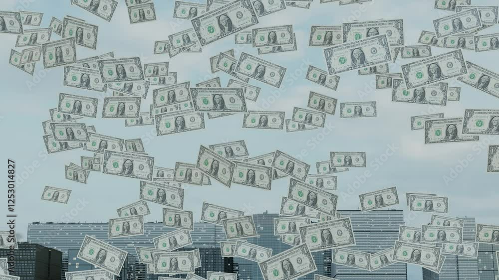 Falling dollar bills animation over cityscape background, money. Falling dollar bills animation over cityscape background, money.