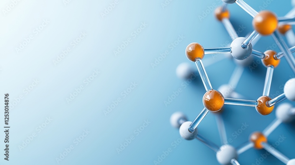 Obraz premium A close-up of a molecular structure with orange and white atoms, set against a soft blue background, illustrating concepts in chemistry and science.
