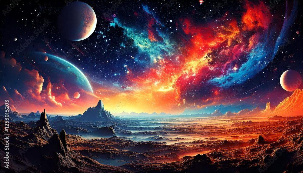 Glittering nebula clouds and stunning starry galaxies. A vibrant abstract planetary landscape. Glittering nebula clouds and stunning starry galaxies. A vibrant abstract planetary landscape.