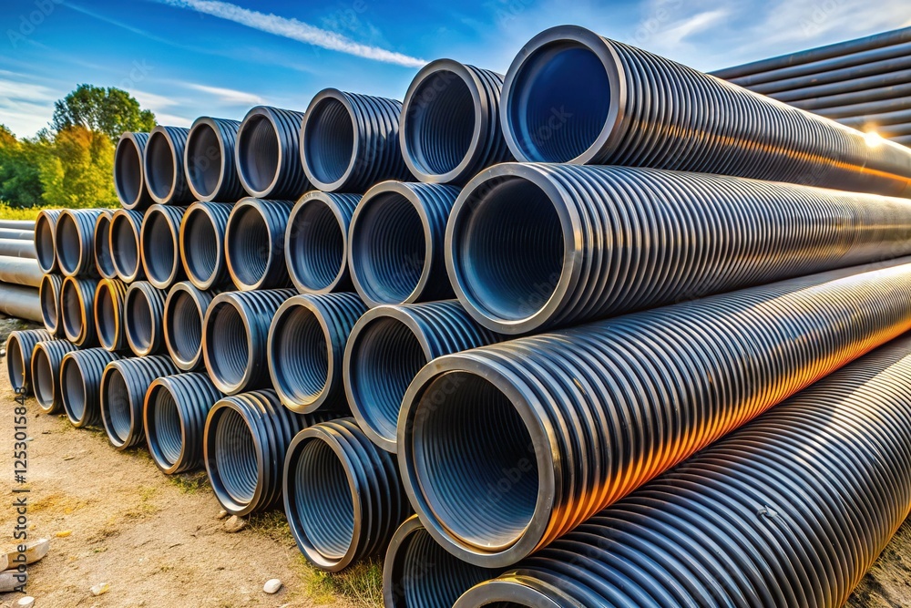 Stack of HDPE Storm Sewer Pipes Awaiting Installation Stack of HDPE Storm Sewer Pipes Awaiting Installation