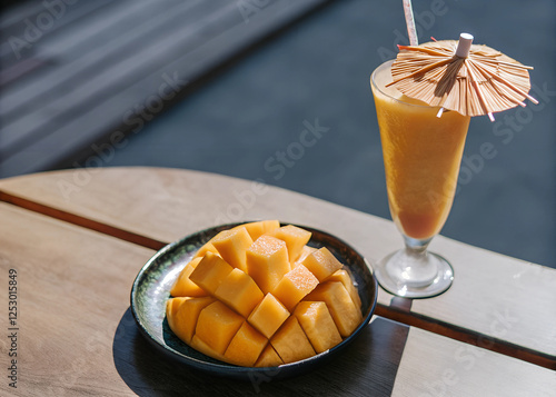 A close-up of fresh mango slices with a tropical drink and umbrella . photo