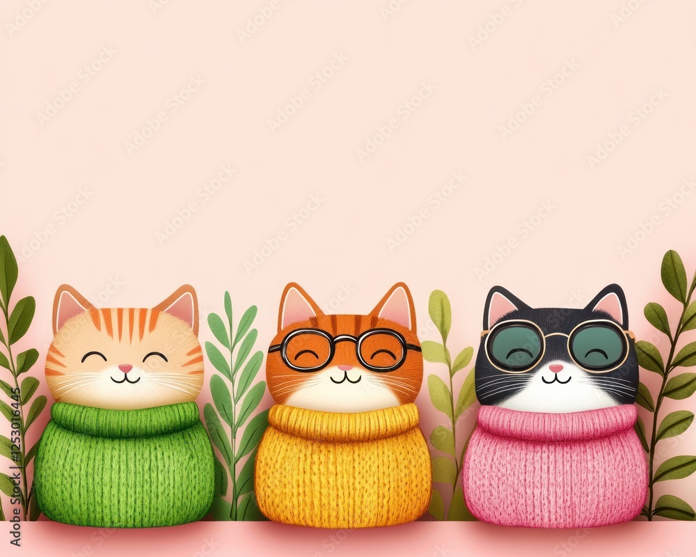 Fototapeta premium Cute Cartoon Cats in Colorful Sweaters Surrounded by Green Leaves on a Soft Pink Background