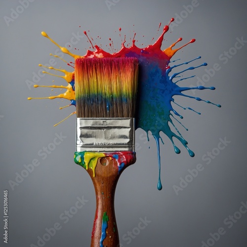 A rainbow-colored paintbrush with vibrant bristles dripping with paint.