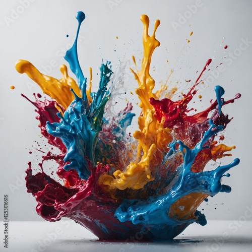 A splash of colorful paint frozen in motion, contrasting against white.