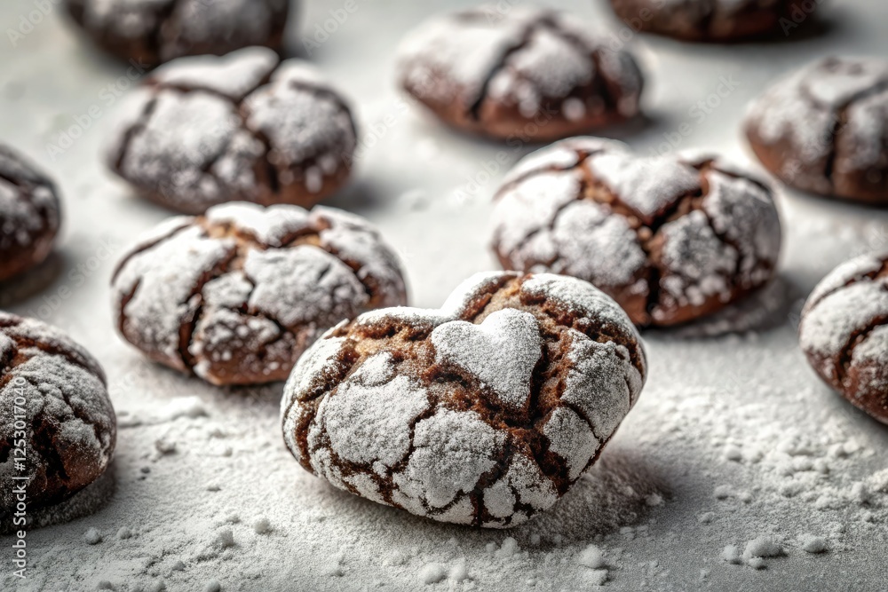Heart-shaped chocolate crinkle cookies dusted with powdered sugar—a minimalist Valentine's Day baking treat. Heart-shaped chocolate crinkle cookies dusted with powdered sugar—a minimalist Valentine's Day baking treat.