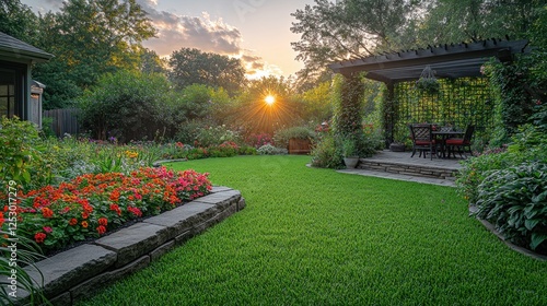 Fototapeta Naklejka Na Ścianę i Meble -  Sunset garden landscape design, backyard patio, lush plants