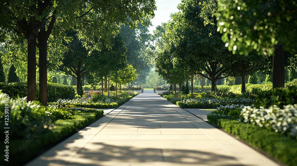 Park Pathway Lined With Trees Under Sunlight Park Pathway Lined With Trees Under Sunlight