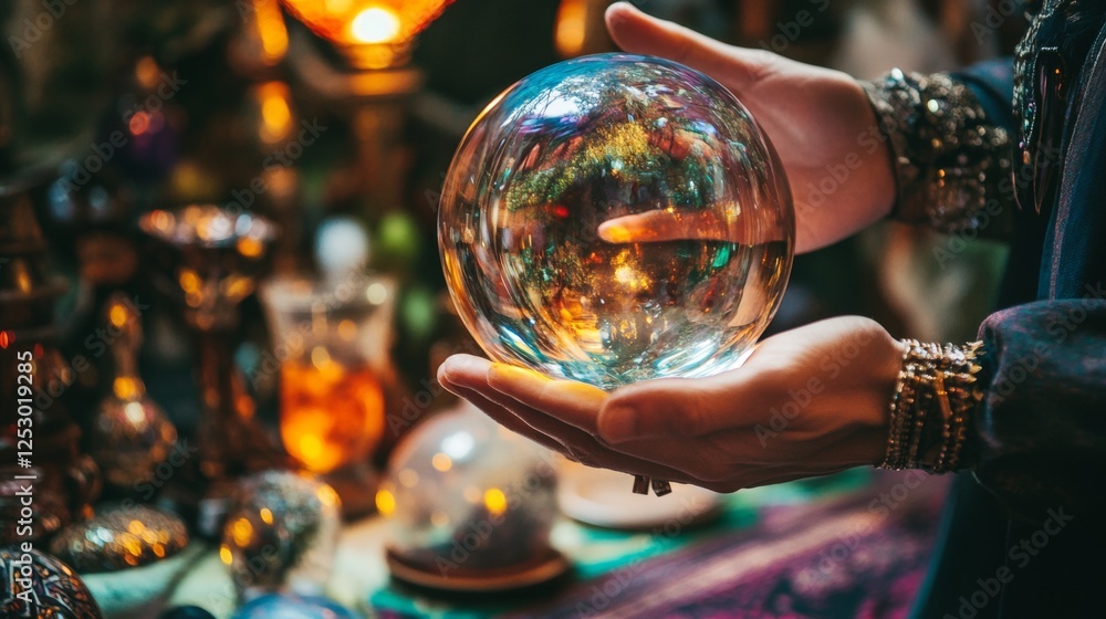 Fototapeta premium Fortune teller holding a glowing crystal ball in a mystical setting