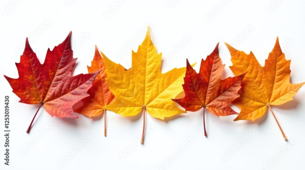 Autumnal foliage arrangement showcasing vibrant red, orange, and yellow maple leaves against a pristine white backdrop Autumnal foliage arrangement showcasing vibrant red, orange, and yellow maple leaves against a pristine white backdrop