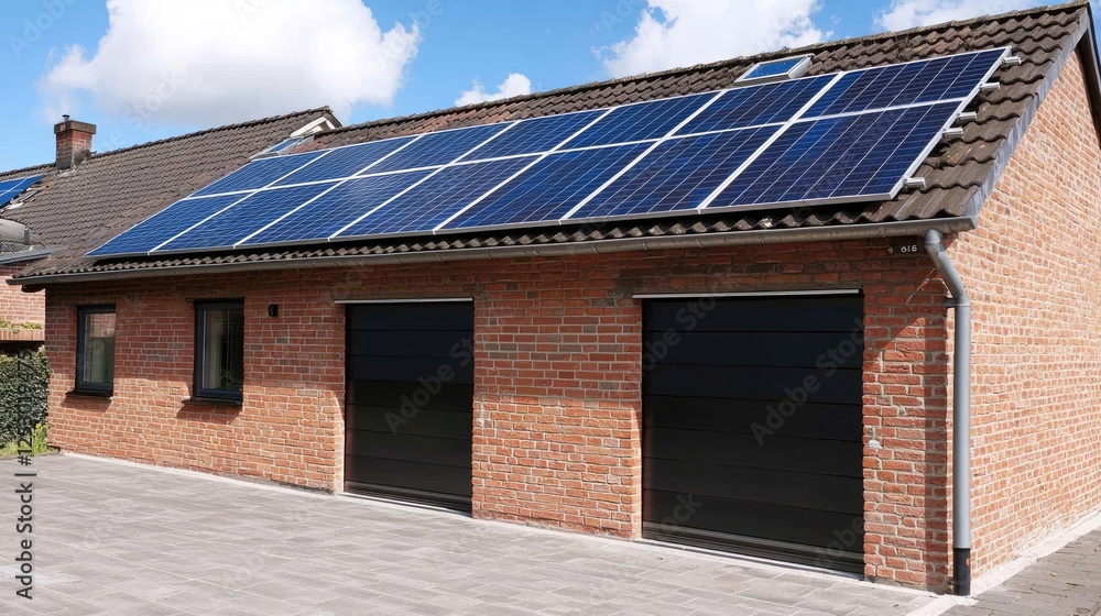 Fototapeta premium Brick garage with solar panels, sunny day, residential area