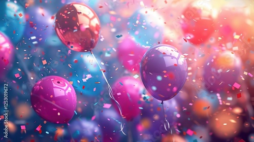 balloons and confetti are flying in the air with a bright background photo