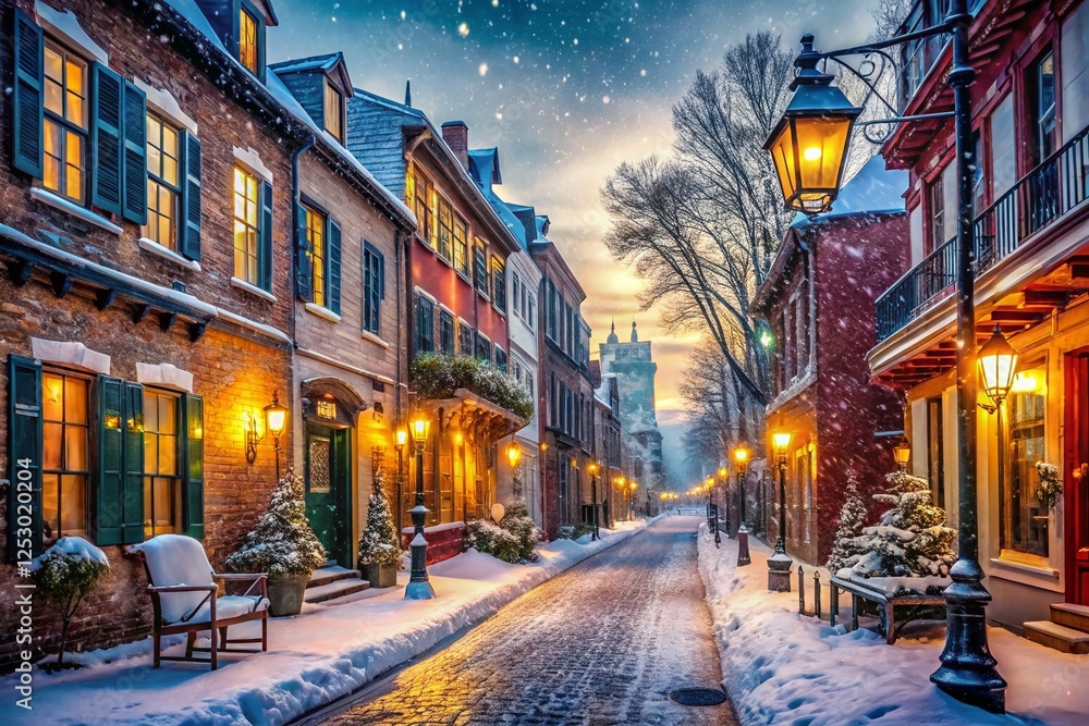 Obraz premium Historic Downtown Snow Scene: Charming Streets Blanketed in White