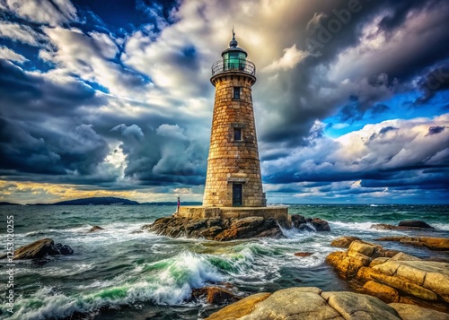 Historic Maine Whaleback Lighthouse, Dramatic Coastal Seascape, Rugged New England Coastline photo