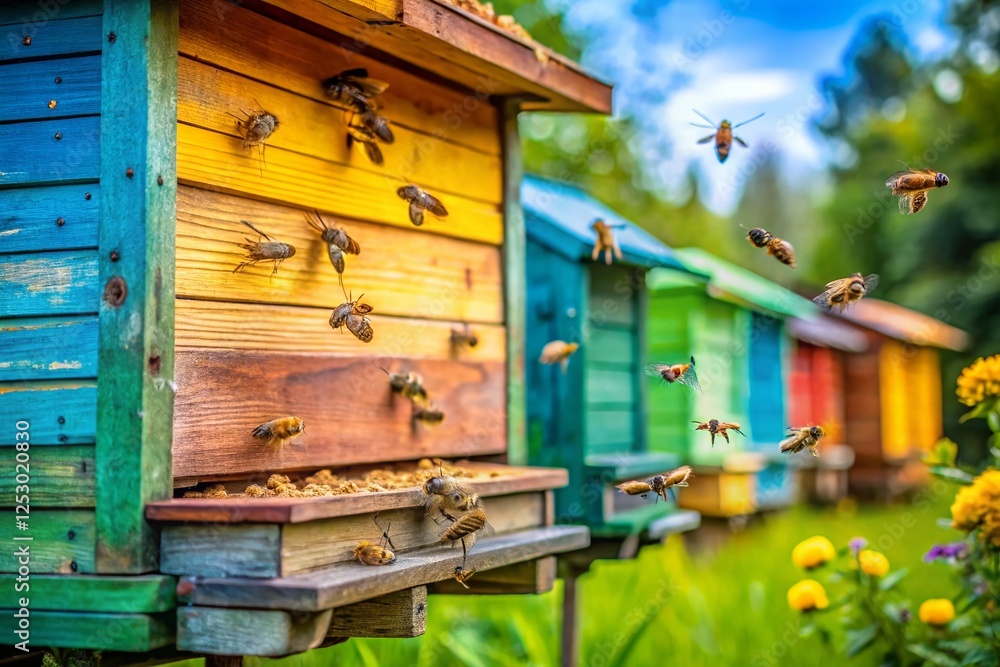 Honeybee Hive Closeup: Busy Bees on Wooden Structure Honeybee Hive Closeup: Busy Bees on Wooden Structure
