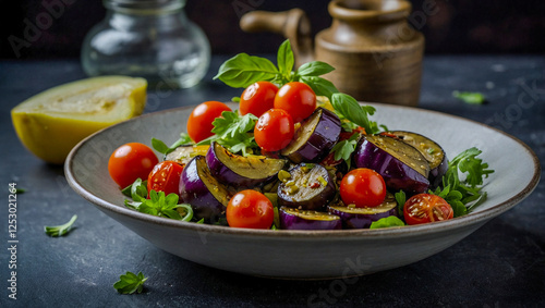 A vibrant salad featuring diced eggplant sautéed with cherry tomatoes and fresh herbs.