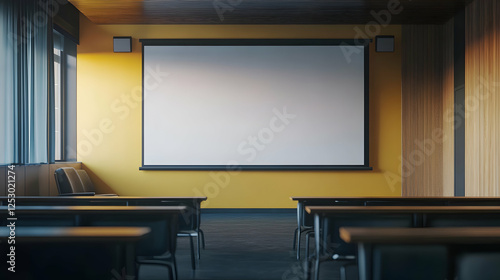 A large blank projection screen in a well-lit room, designed for presentations, lectures, or movie screenings, creating a professional atmosphere.