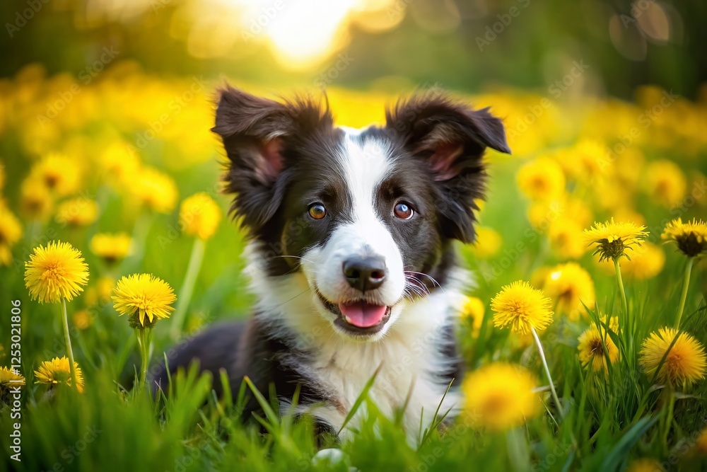 Adorable Black & White Border Collie Puppy Posing on Summer Grass with Dandelions Adorable Black & White Border Collie Puppy Posing on Summer Grass with Dandelions