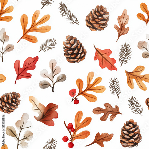 Autumn Seamless Pattern with Leaves and Pinecones in Watercolor Style