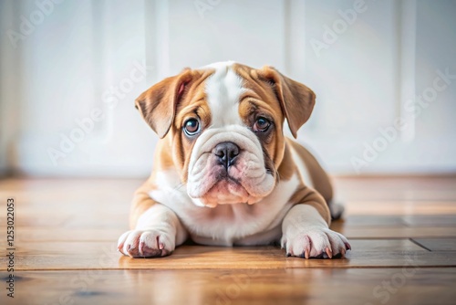 Adorable Bulldog Puppy Relaxing on Hardwood Floor - Cute Dog Stock Photo
