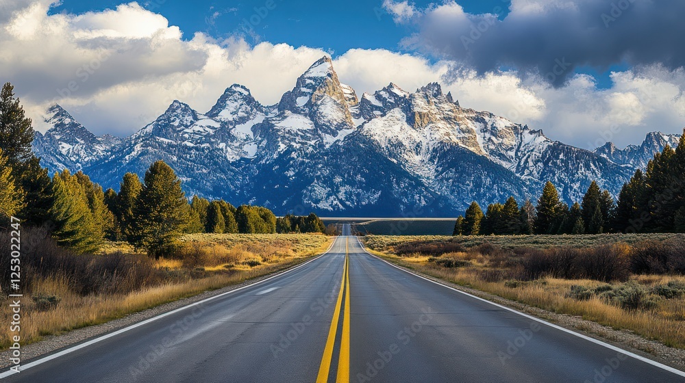 Fototapeta premium Majestic Mountain Road Trip: A Scenic Drive through the Tetons