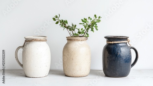 Three ceramic vases with sprigs, white background. Home decor