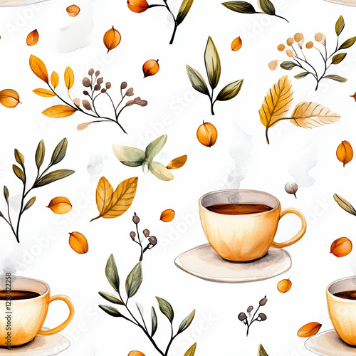 Autumn Seamless Pattern with Cups and Leaves in Watercolor Style