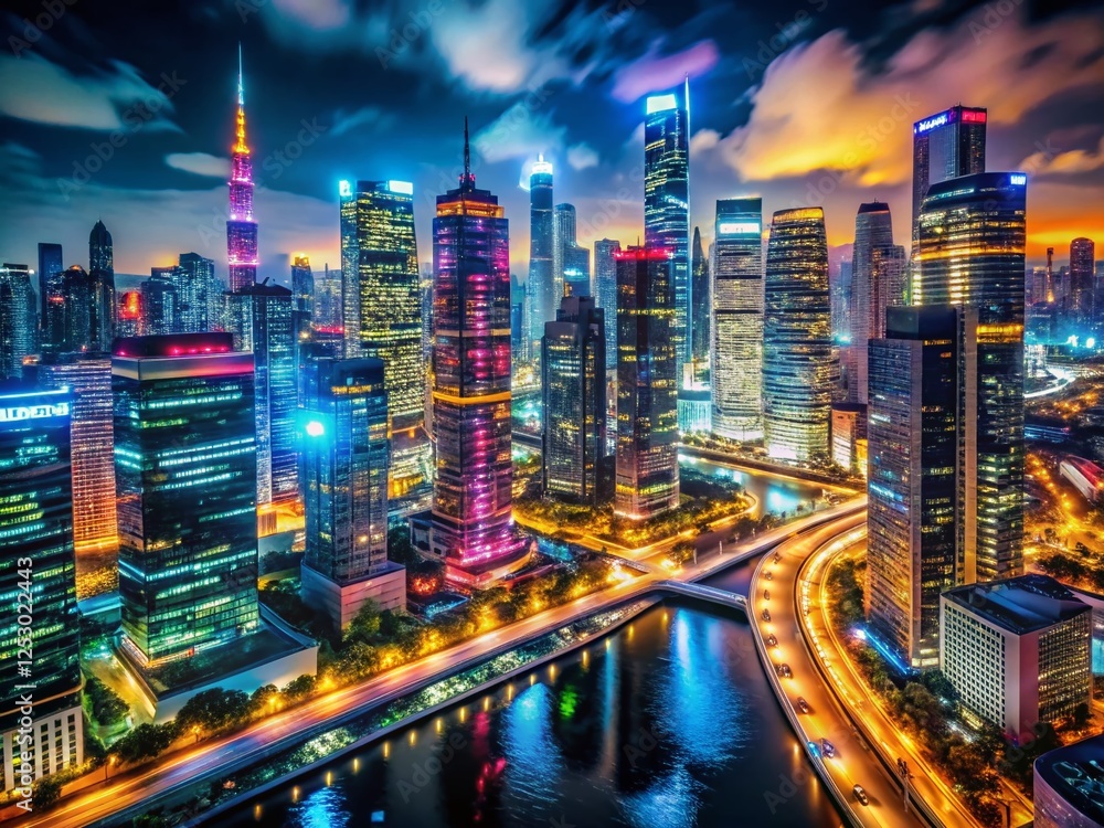 Fototapeta premium Illuminated Cityscape Night - Futuristic Urban Glow