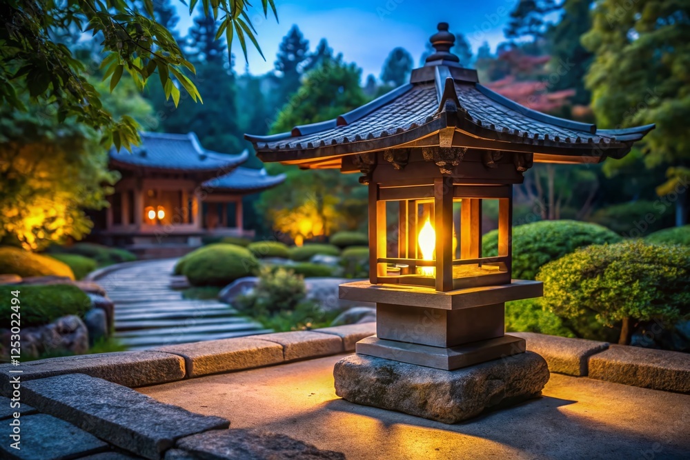 Illuminated Ornate Lantern in Stone Pavilion - Serene Night Landscape
