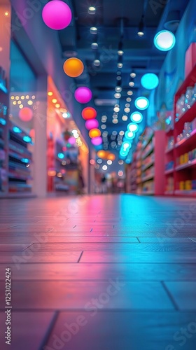 many colorful blur lights hanging from the ceiling in a store photo