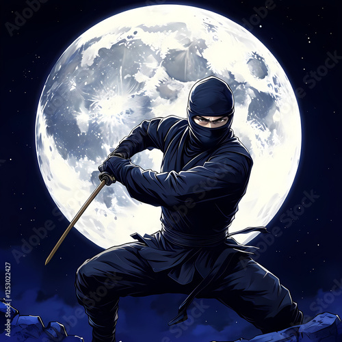 sul tetto di un tempio di erge un guerriero ninja armato di katana di fronte alla luna piena, On the roof of a temple stands a ninja warrior armed with a katana in front of the full moon photo