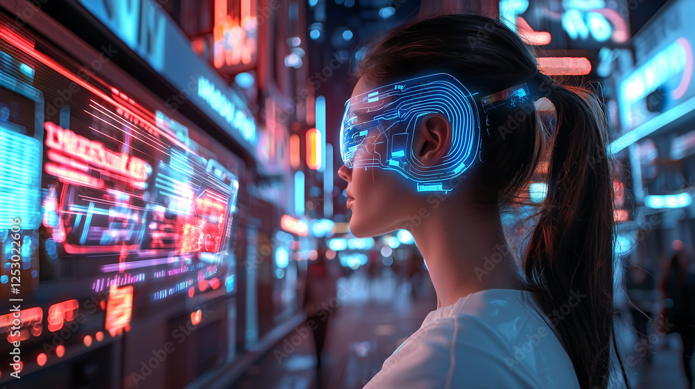 Obraz premium Cybernetic woman under neon billboards. Electric-blue veins pulse beneath her skin as holograms flicker around her.