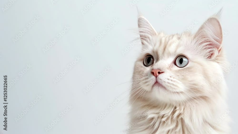 Maine Coon cat looks around curiously on a light background.