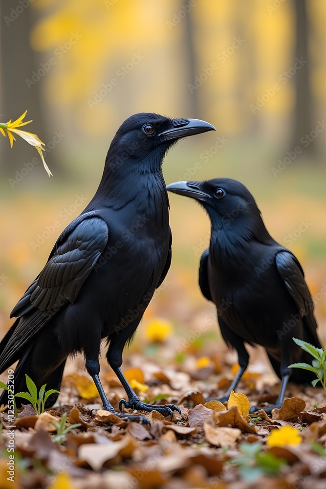 Fototapeta premium Two black crows in autumn forest with golden leaves on ground